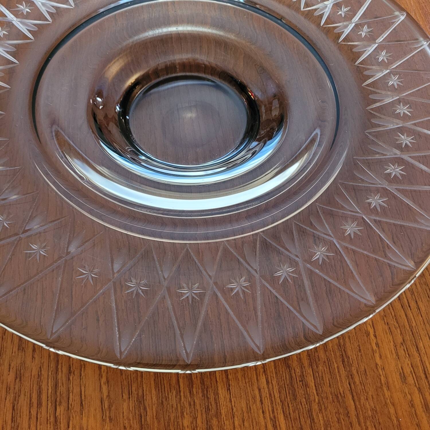 Large smoked glass bowl with star engraving – 1950s