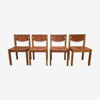 4 chaises en orme et cuir 1970