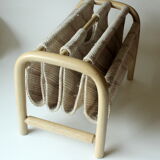 Magazine rack made of white bamboo and fabric, vintage from the 1970s