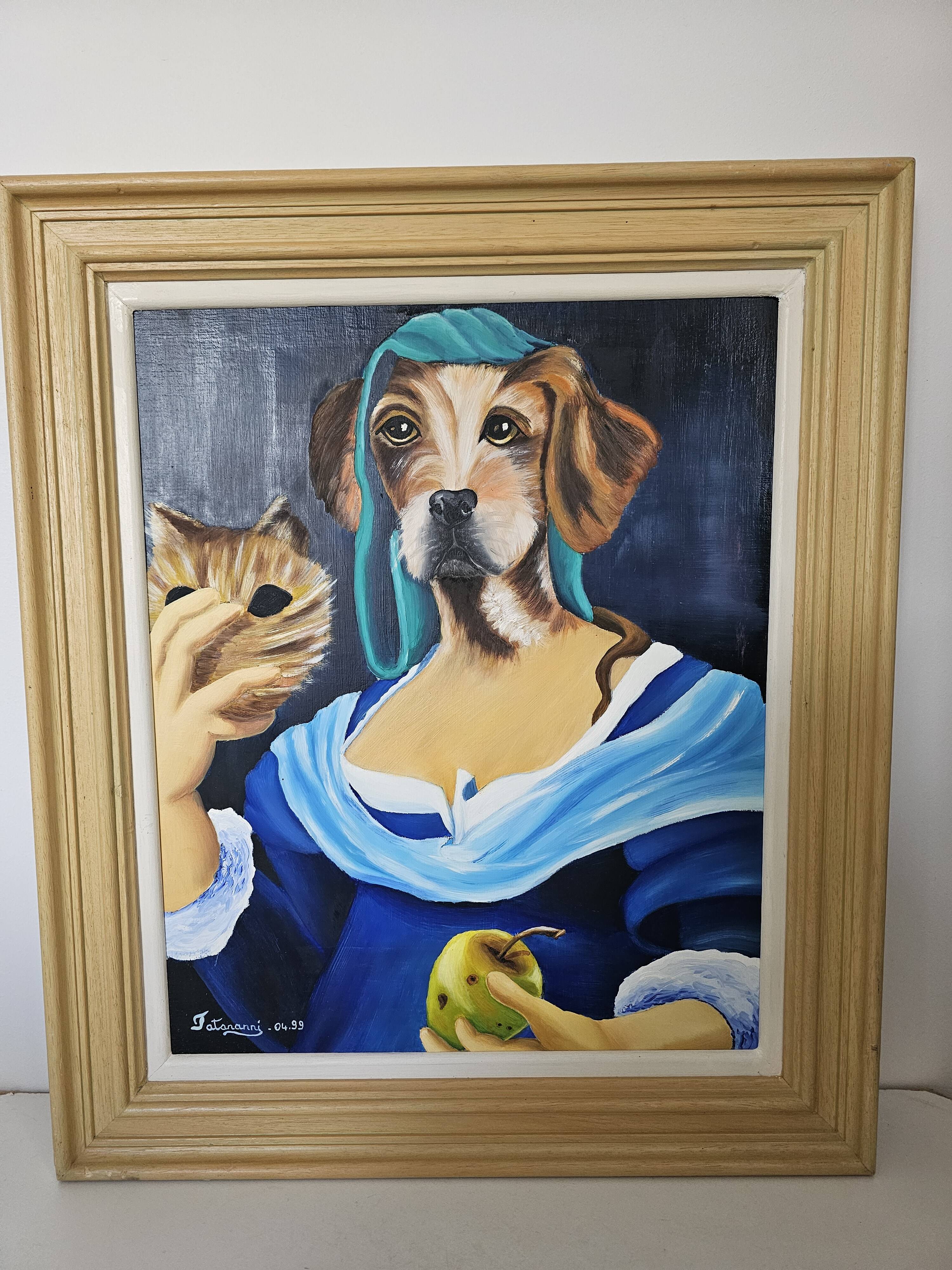 Oil painting on canvas, portrait of a woman with a dog, signed Patricia Tatananni