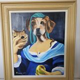 Oil painting on canvas, portrait of a woman with a dog, signed Patricia Tatananni