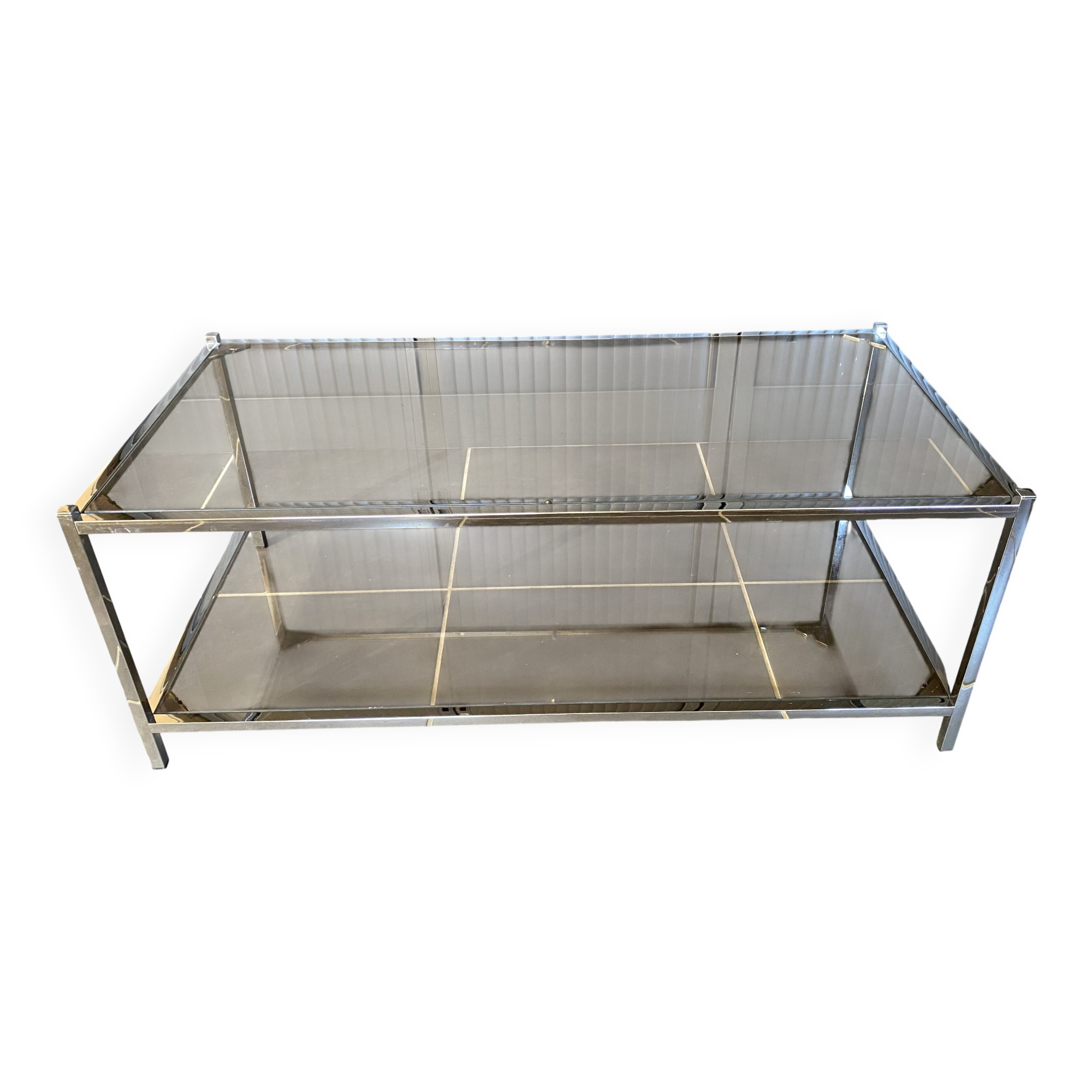 Table basse double plateau verre chrome style Bauhaus vintage 1970