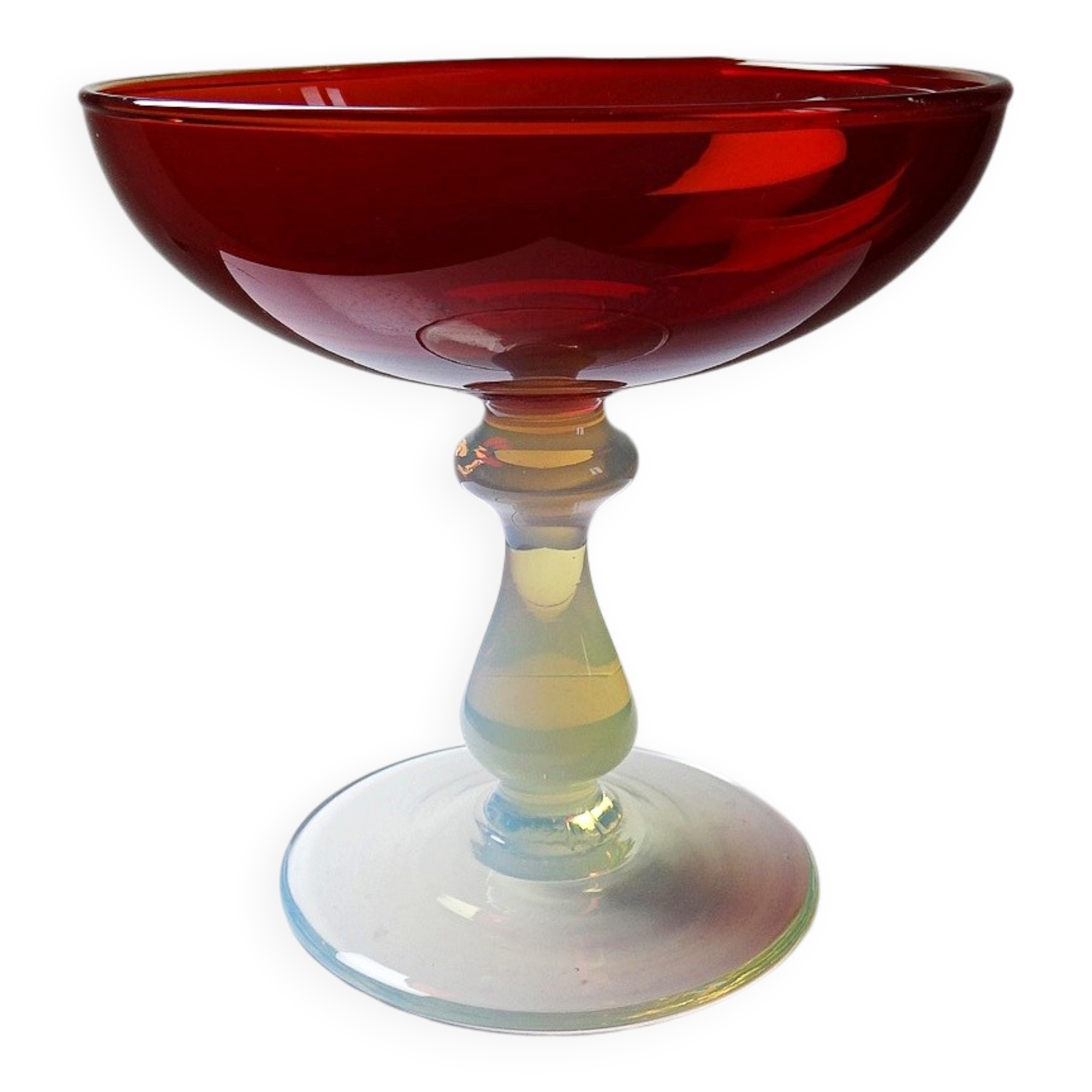 Red Venetian blown glass coupe on a foot with opaline and vintage soap bubble.