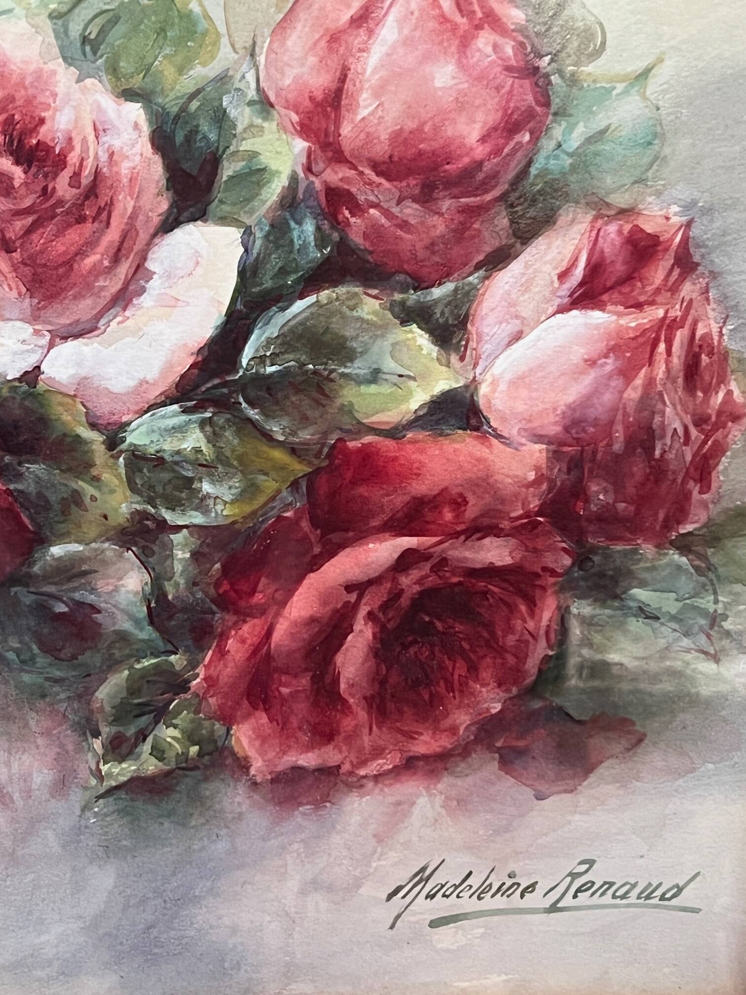 Nature morte "Roses" à l'aquarelle, Madeleine Renaud (1900-1994)