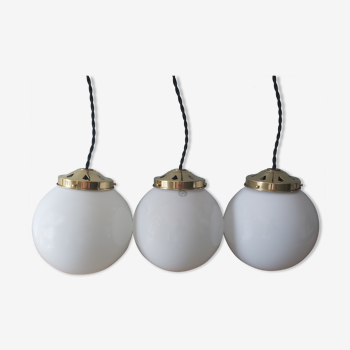 Set of 3 art deco pendant lampes with white opaline globe