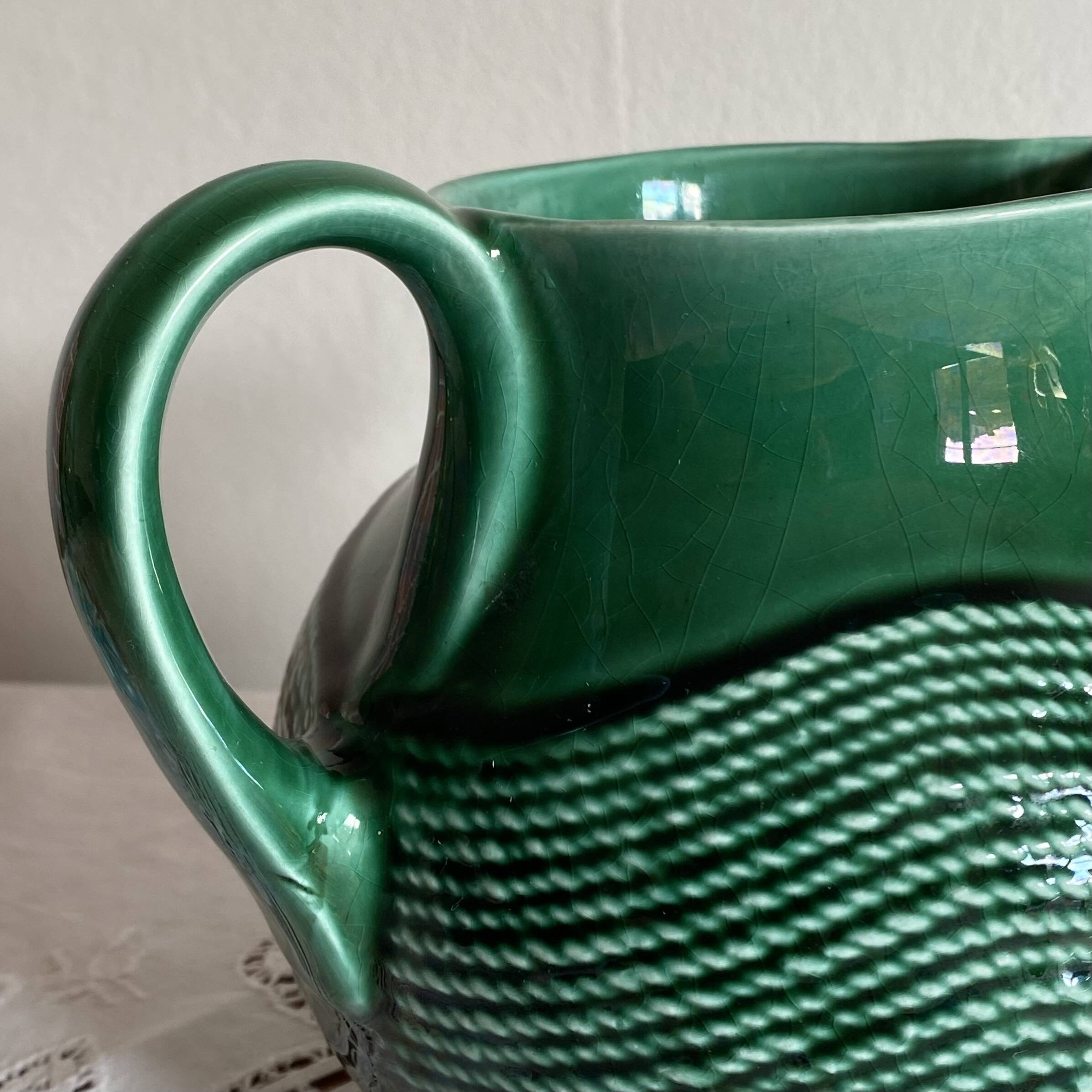 Green ceramic pitcher Sarreguemines vintage tableware