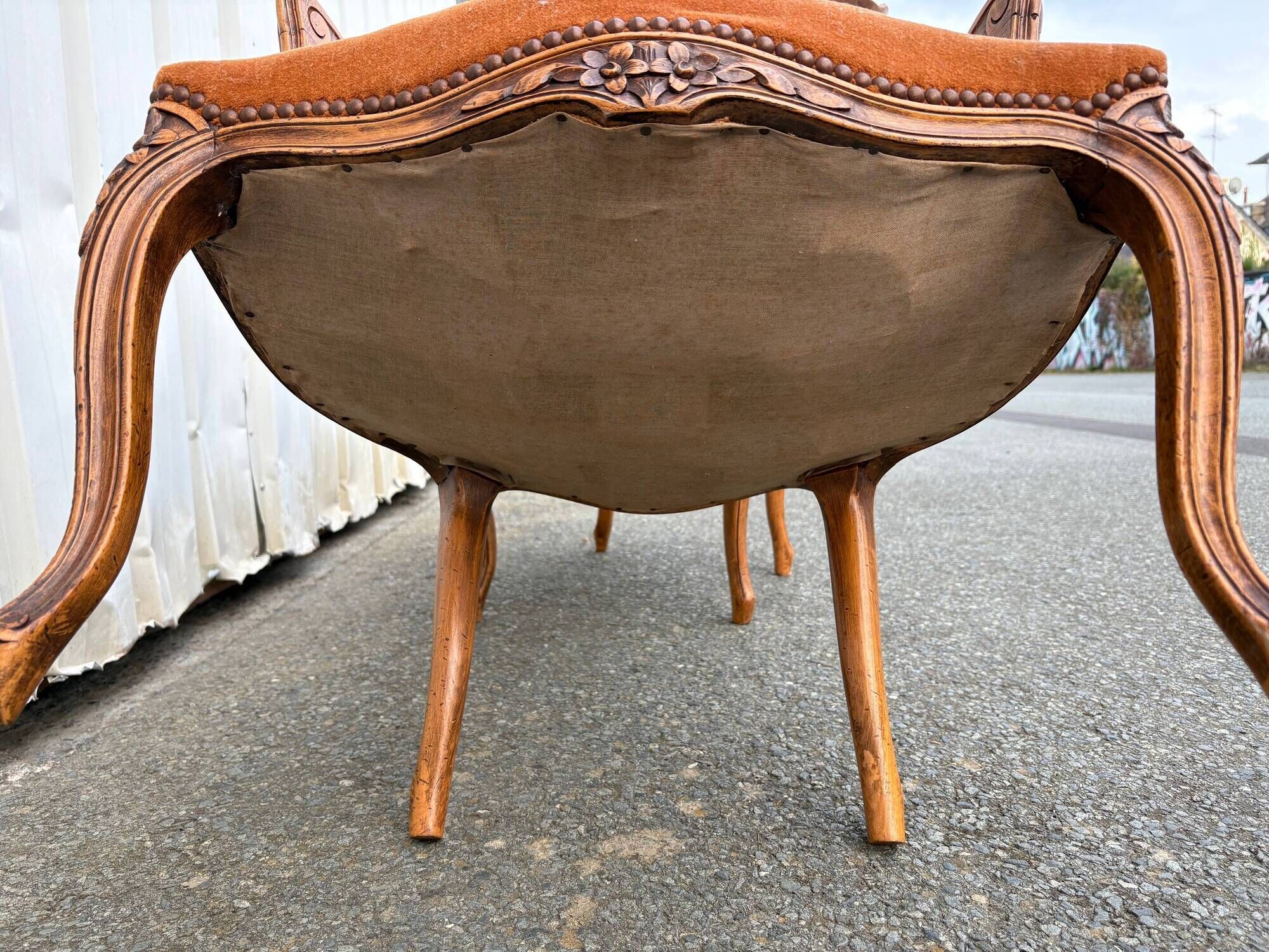 Pair of Louis XV style armchairs in ochre velvet