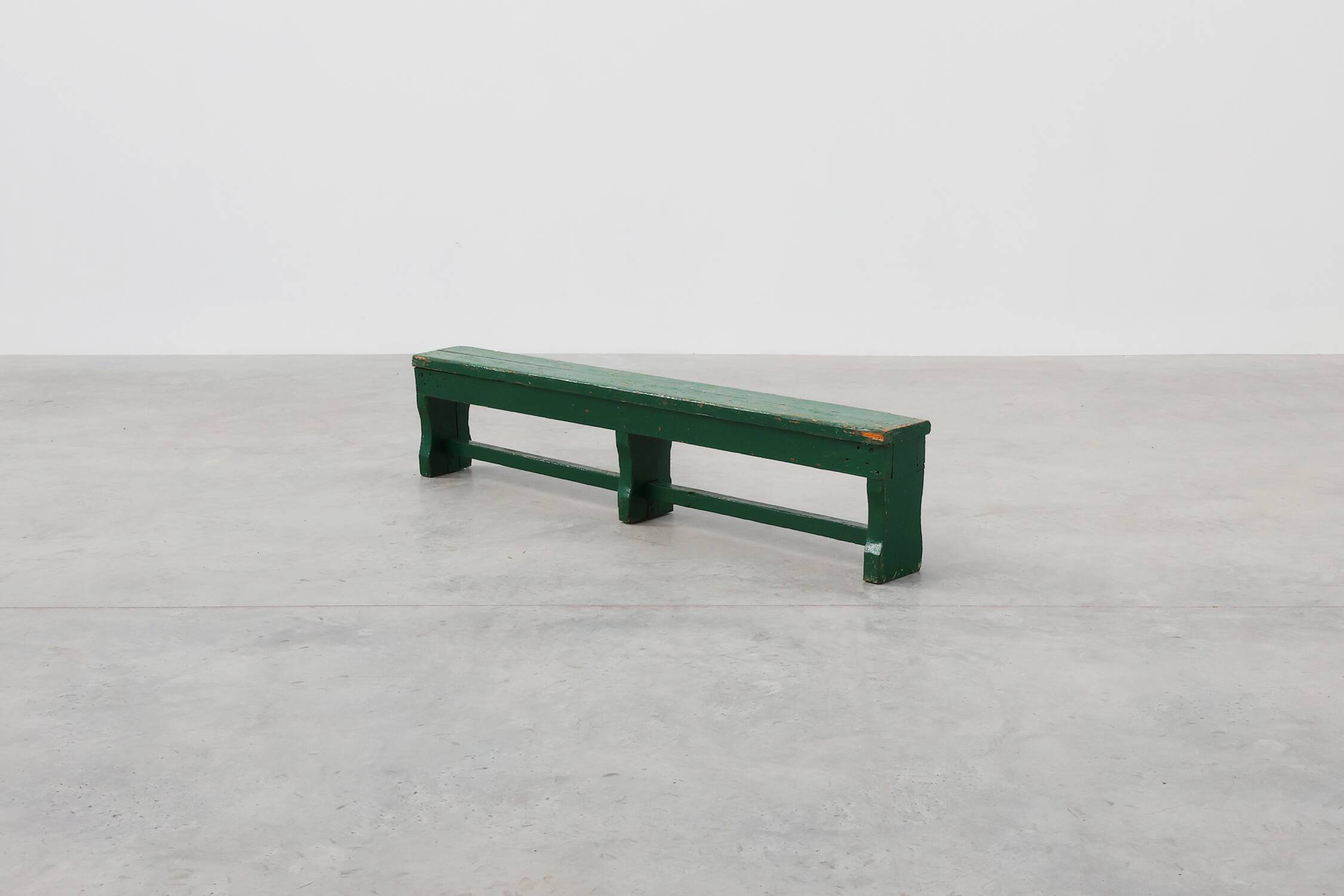 Rustic primitive green farmhouse bench in solid oak, France ca. 1900