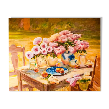 CUADRO CON FLORES Y FRUTAS PINTADO AL ÓLEO. BODEGÓN. CUADRO AL ÓLEO.