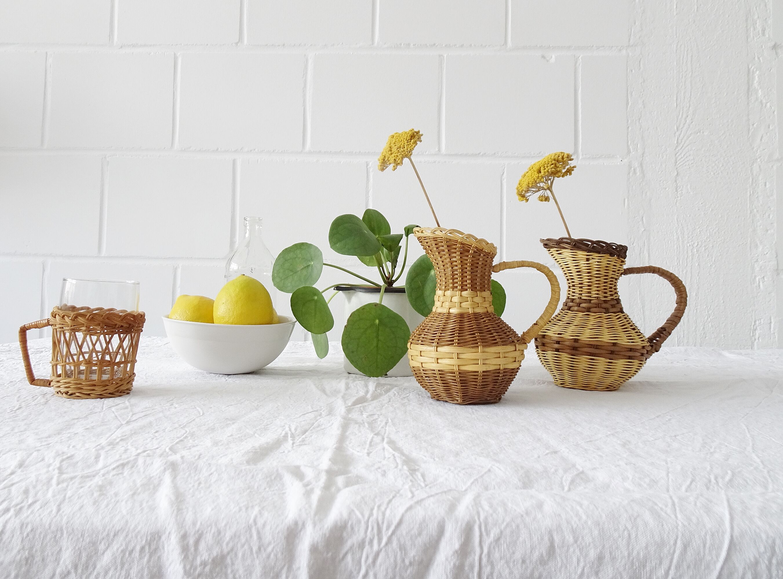 Paire de vases en rotin, vase tressé des années 1960