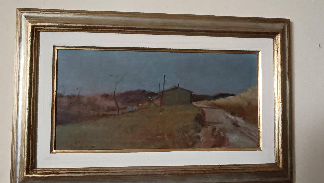 Peinture à l'huile sur panneau paysage arnaccio pise bruno loretti (livorne