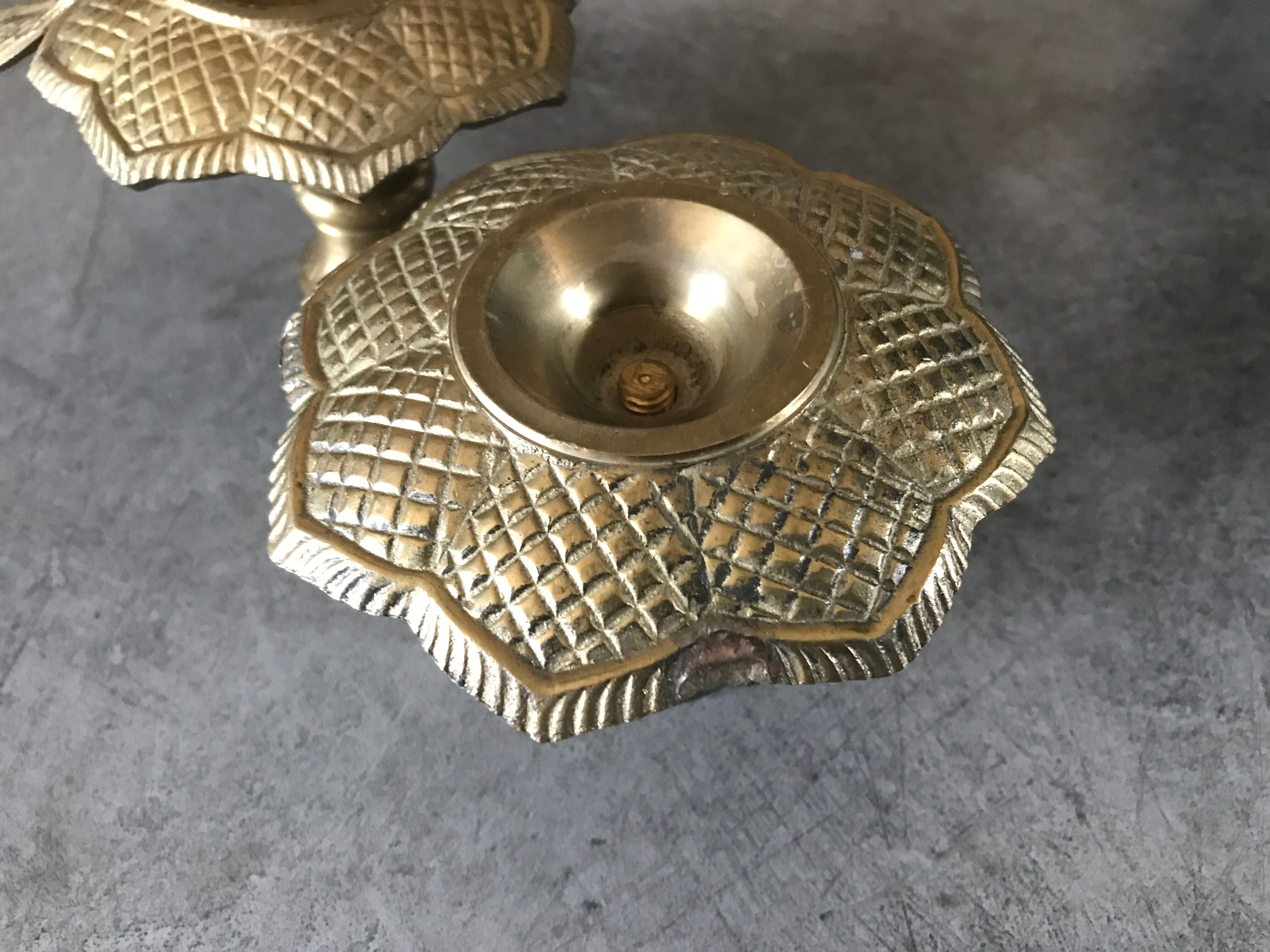 PAIR of BRASS table CANDLE HOLDERS with Flower Patterns
