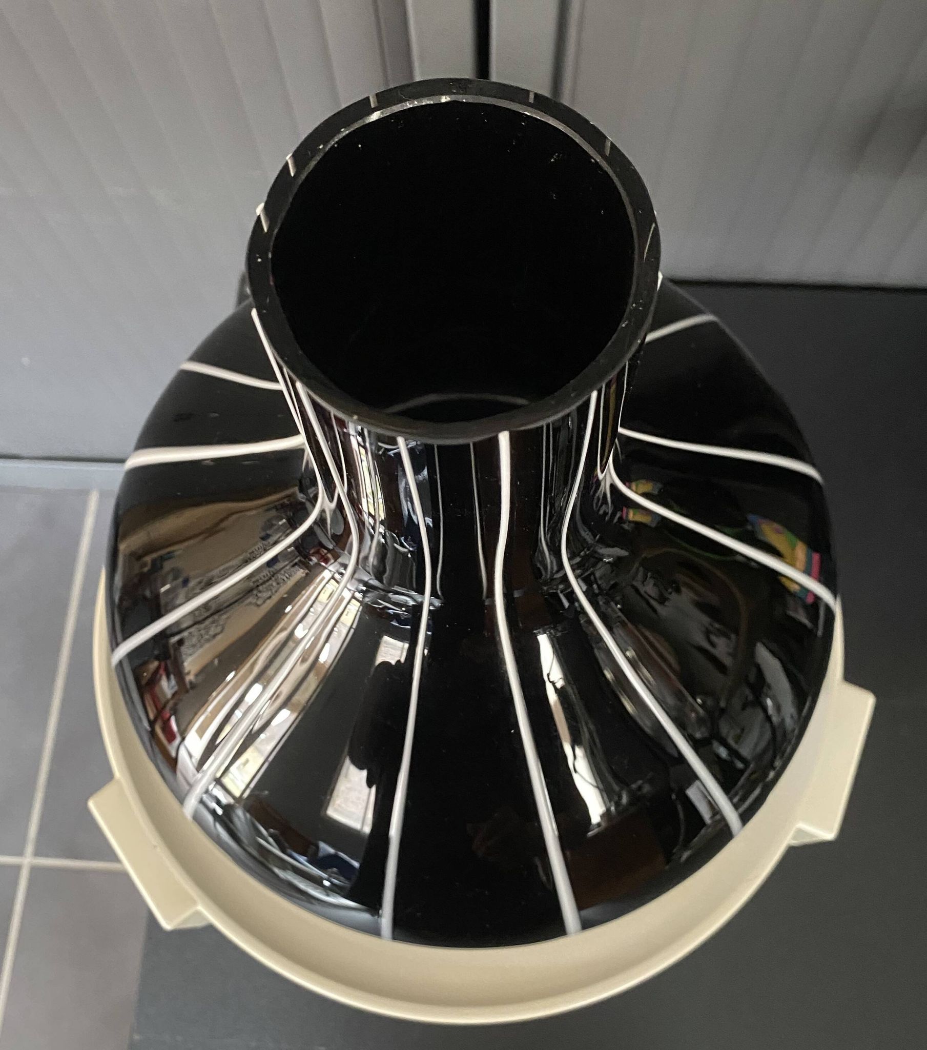 Black glass vase with white stripes, vintage 1950.
