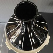 Black glass vase with white stripes, vintage 1950.