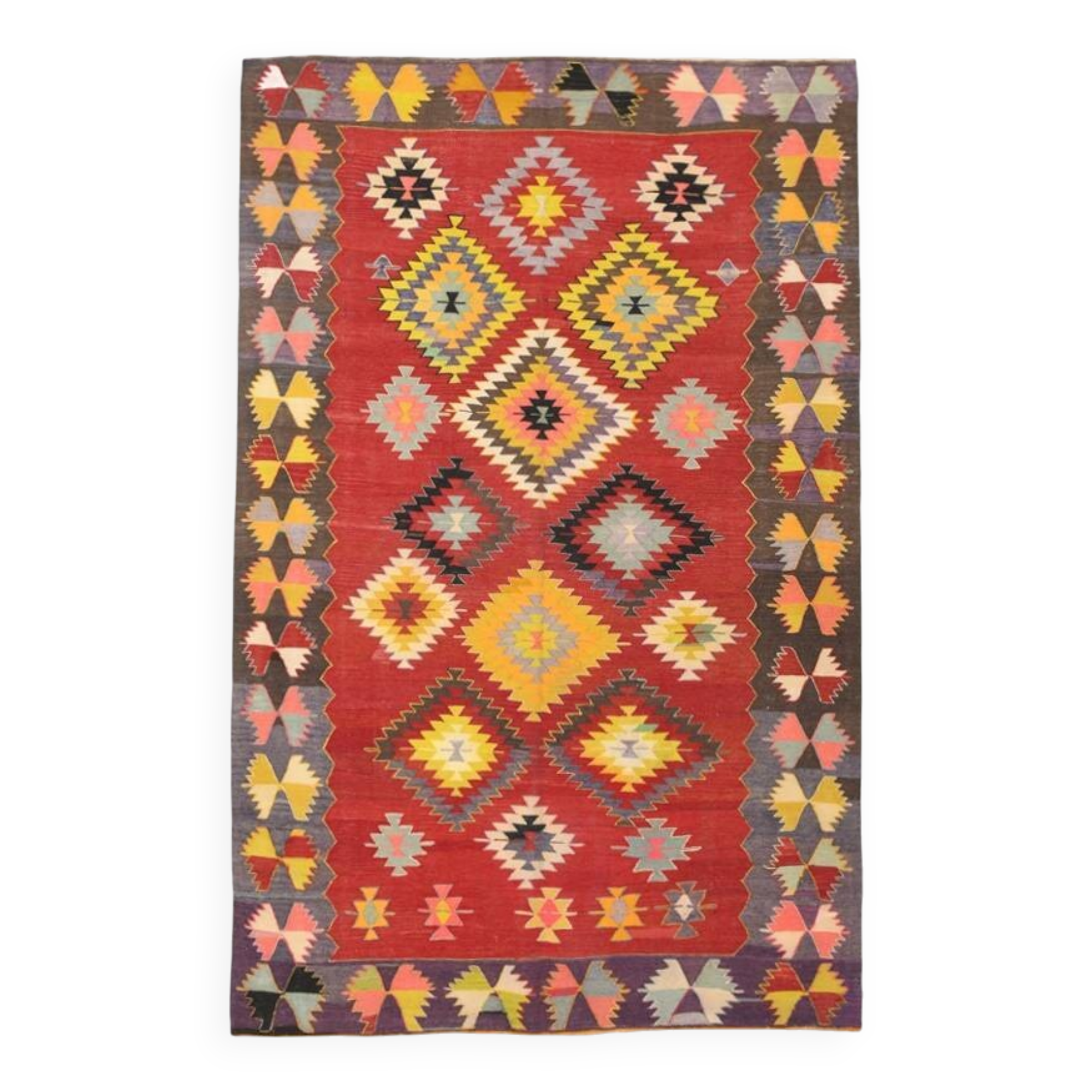 Tapis Kilim vintage en laine rouge clair et jaune 5x8, 155x245 cm