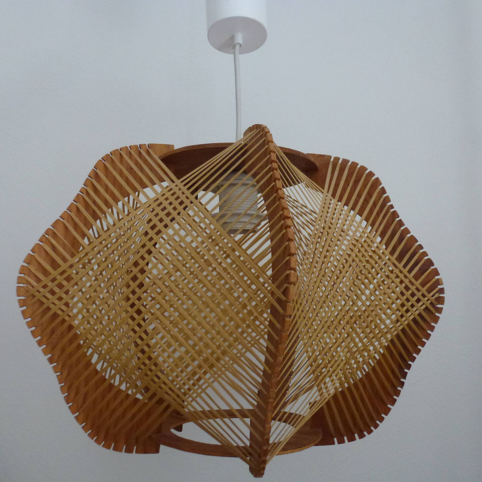 Vintage Scandinavian Pendant Lamp in Wood and Stretched Wires 1960s