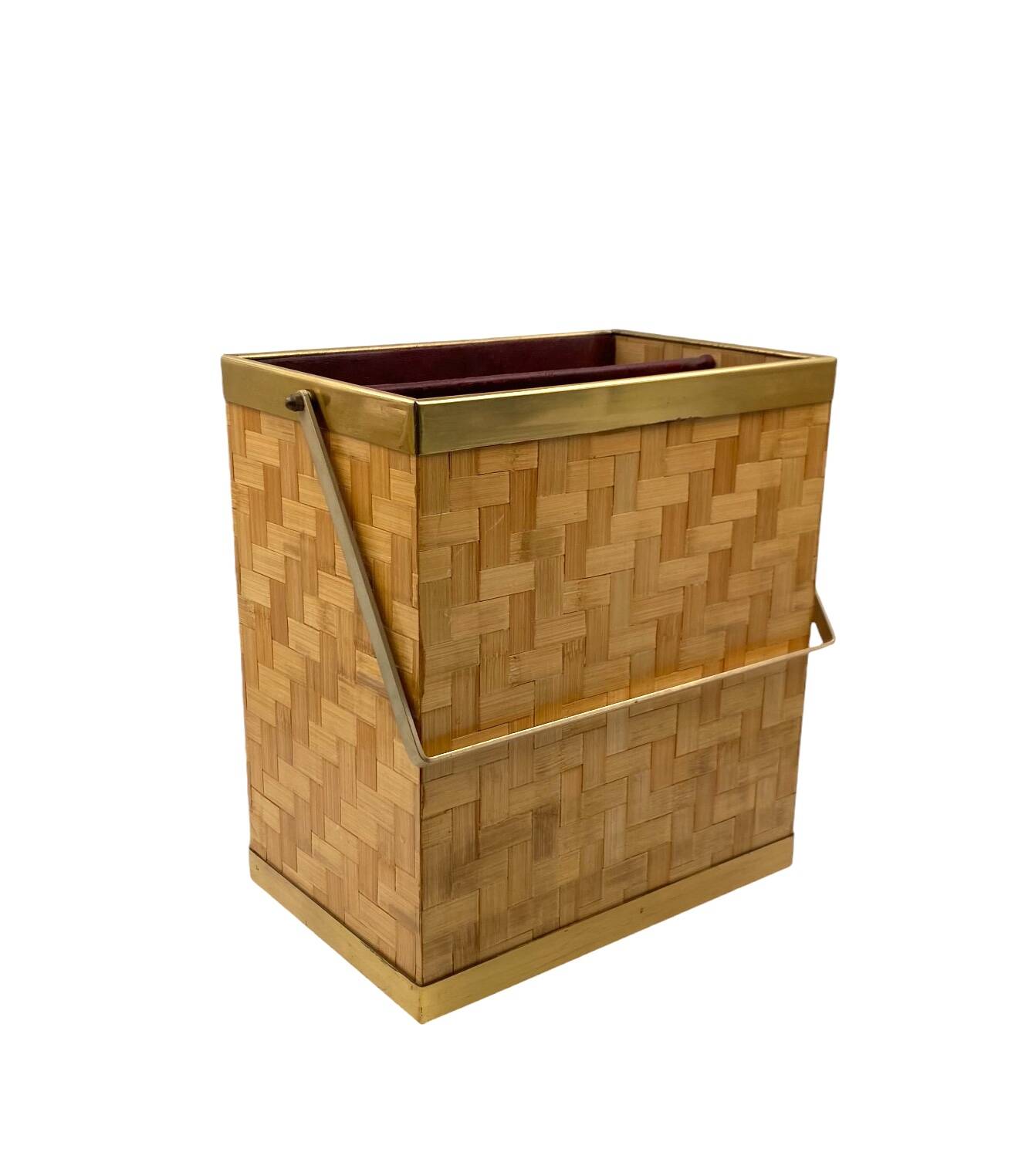 Hollywood regency brass and woven bamboo magazine rack, Metal Linea Nova Italy 1970