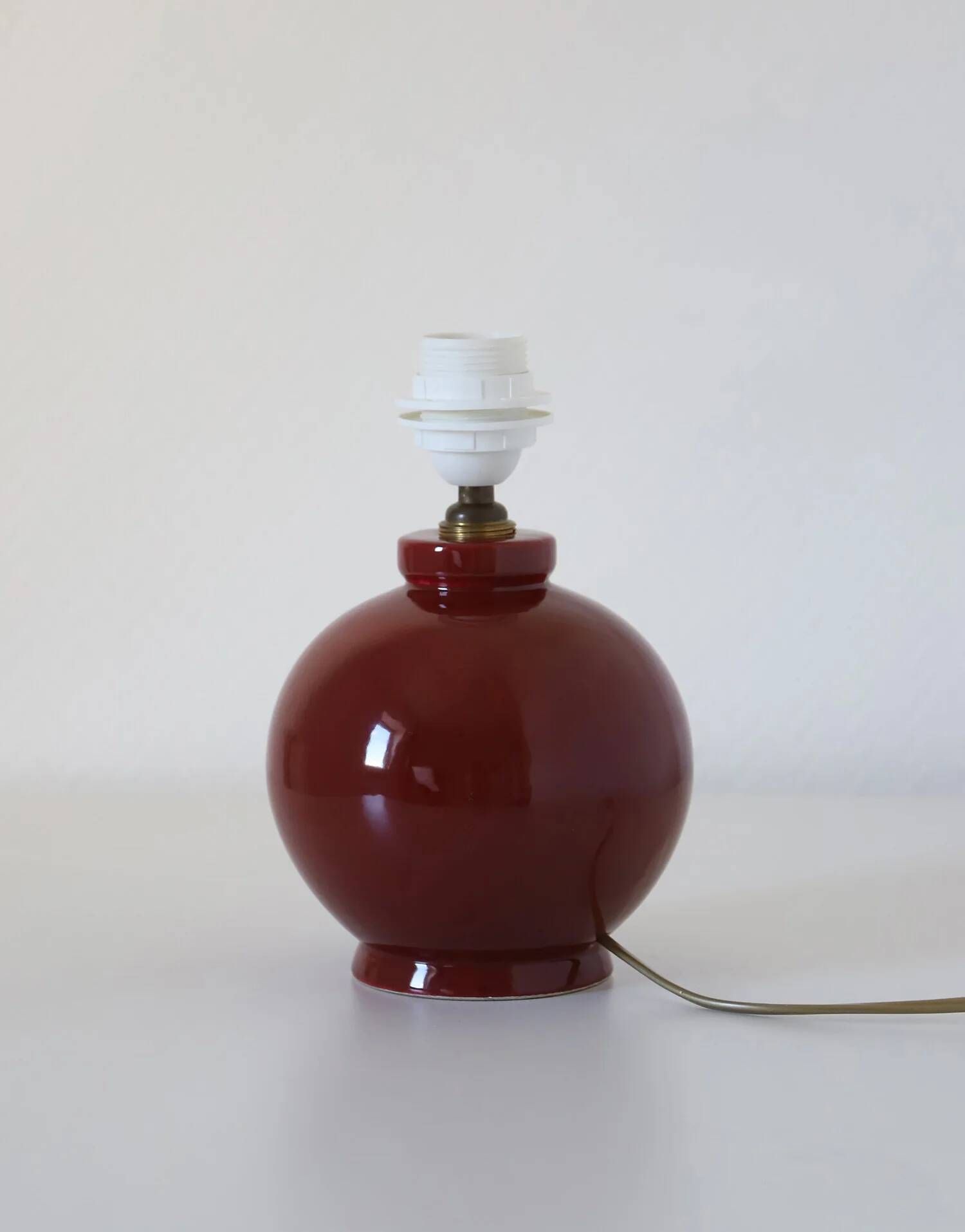 Recycled vintage lamp — burgundy ceramic base, floral voile shade