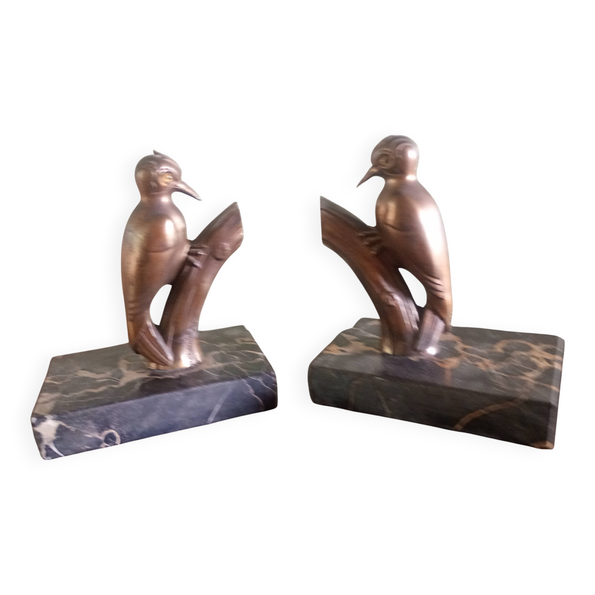 Frajou - Paire de Serre-livres aux oiseaux Pic & marbre portor