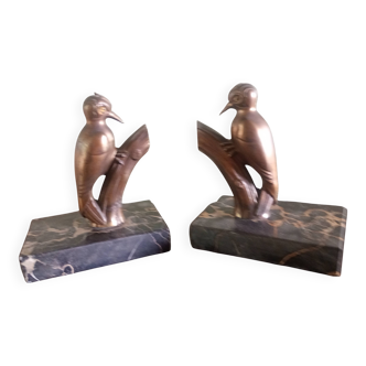 Frajou - Pair of Bookends with Birds, Woodpecker & Portor Marble