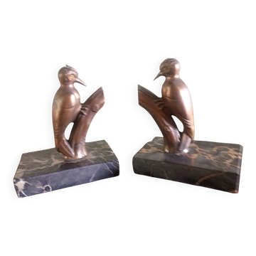 Frajou - Paire de Serre-livres aux oiseaux Pic & marbre portor