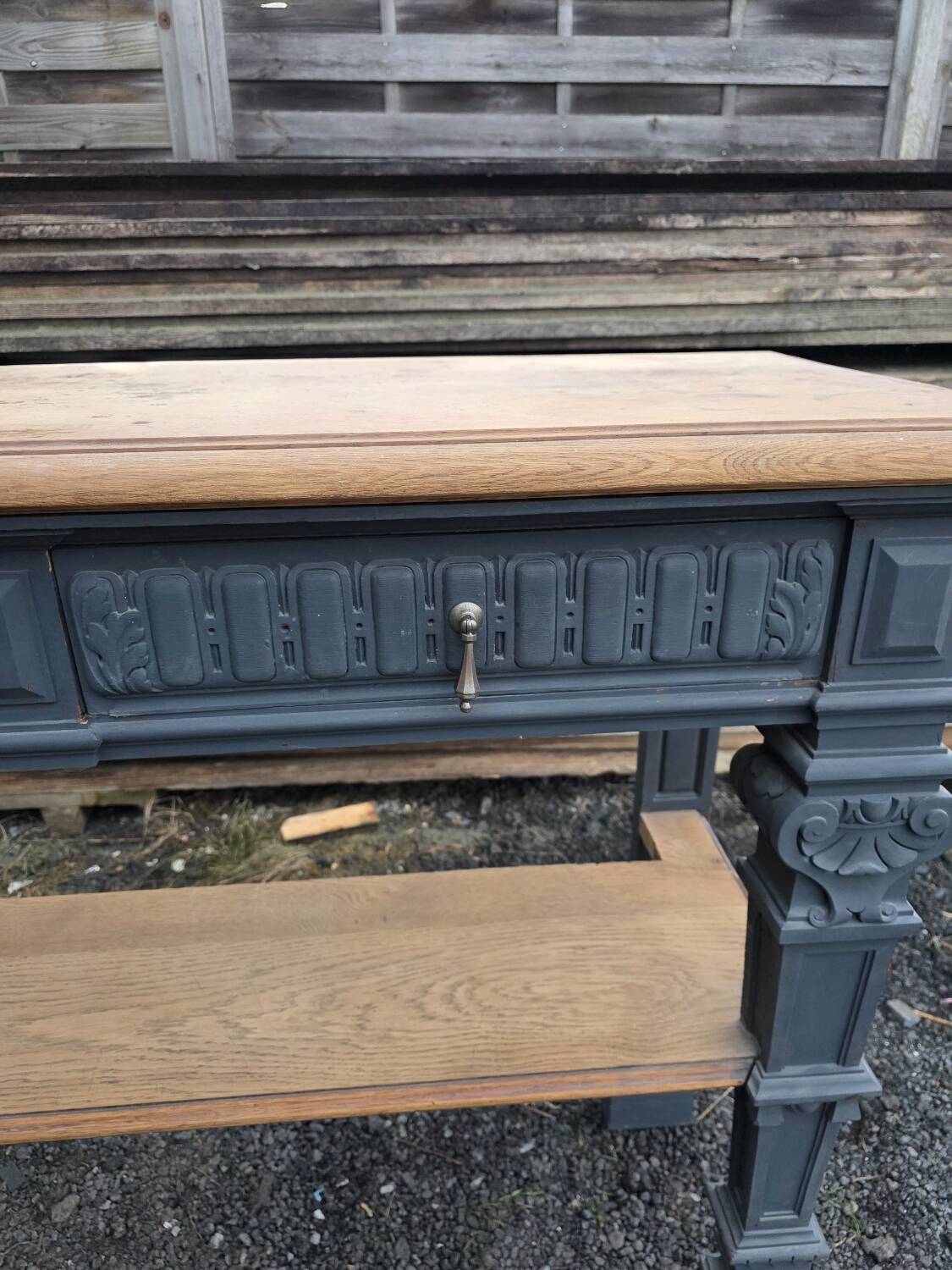 Console in patinated solid oak, late 19th century.