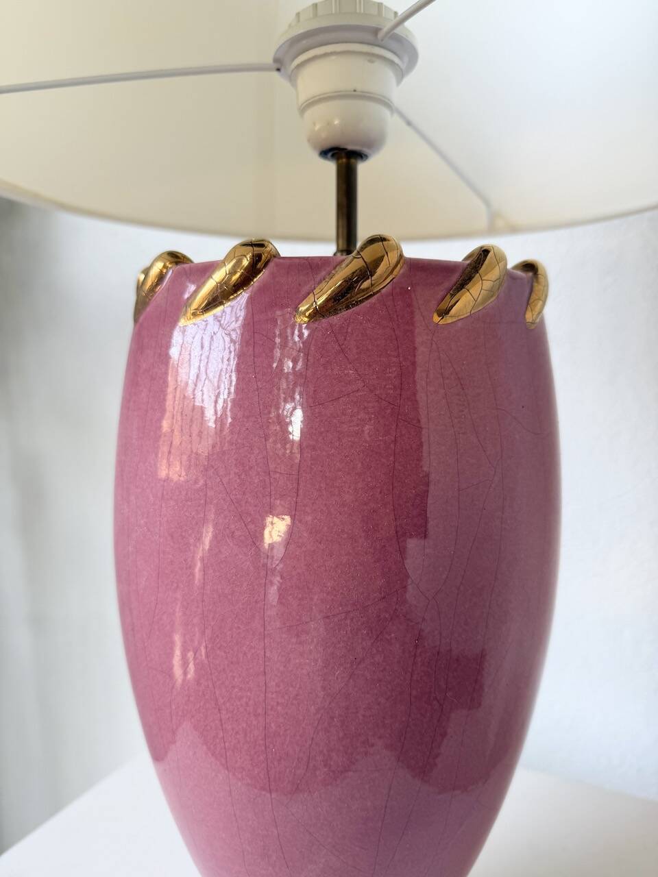 Pink and gold ceramic tripod table lamp