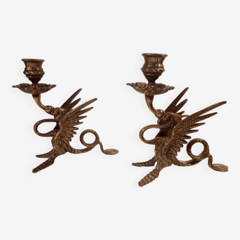 Antique chimera dragon candlesticks gilded bronze