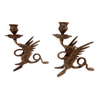 Bougeoirs chimère dragon anciens bronze doré