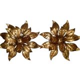 Pair of Florentine Wall Lamps / Ceiling Lights Golden Metal Leaves