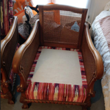 Pair of armchairs, English style, fluted backrests and armrests. Redone by tapestry maker, covered with Pierre Fry fabrics