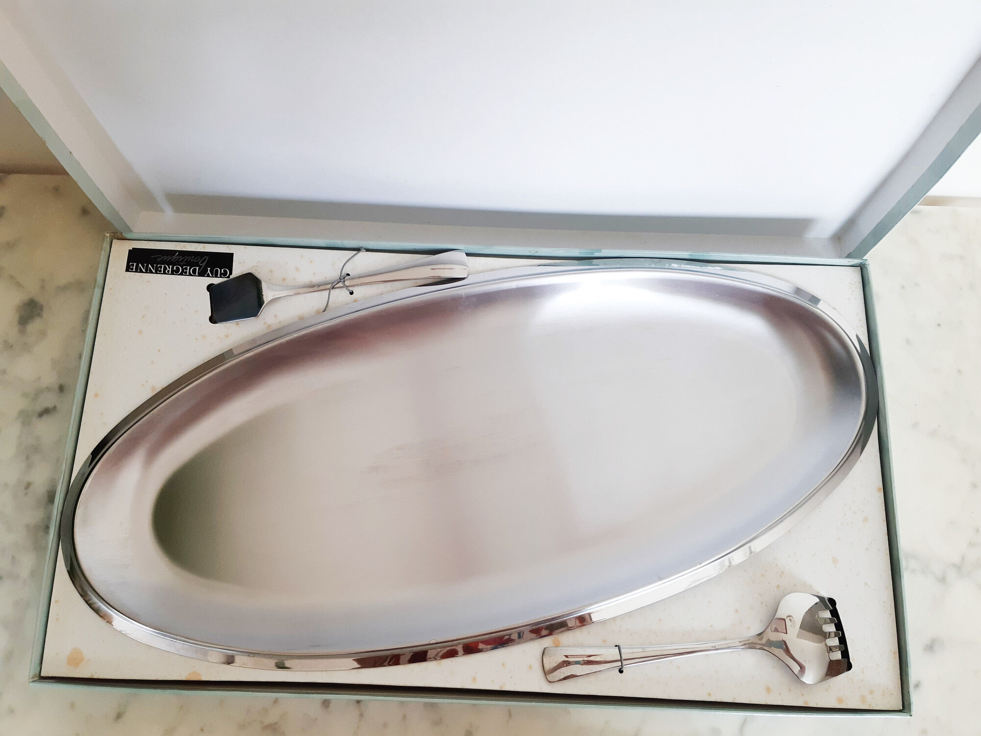 Vintage stainless steel fish dish, Guy Degrenne , with cutlery