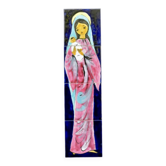 Virgin and Child - ceramic painting signed J.Ortega.