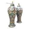 Monumental pair of covered vases in polychrome earthenware enhanced with metal wire