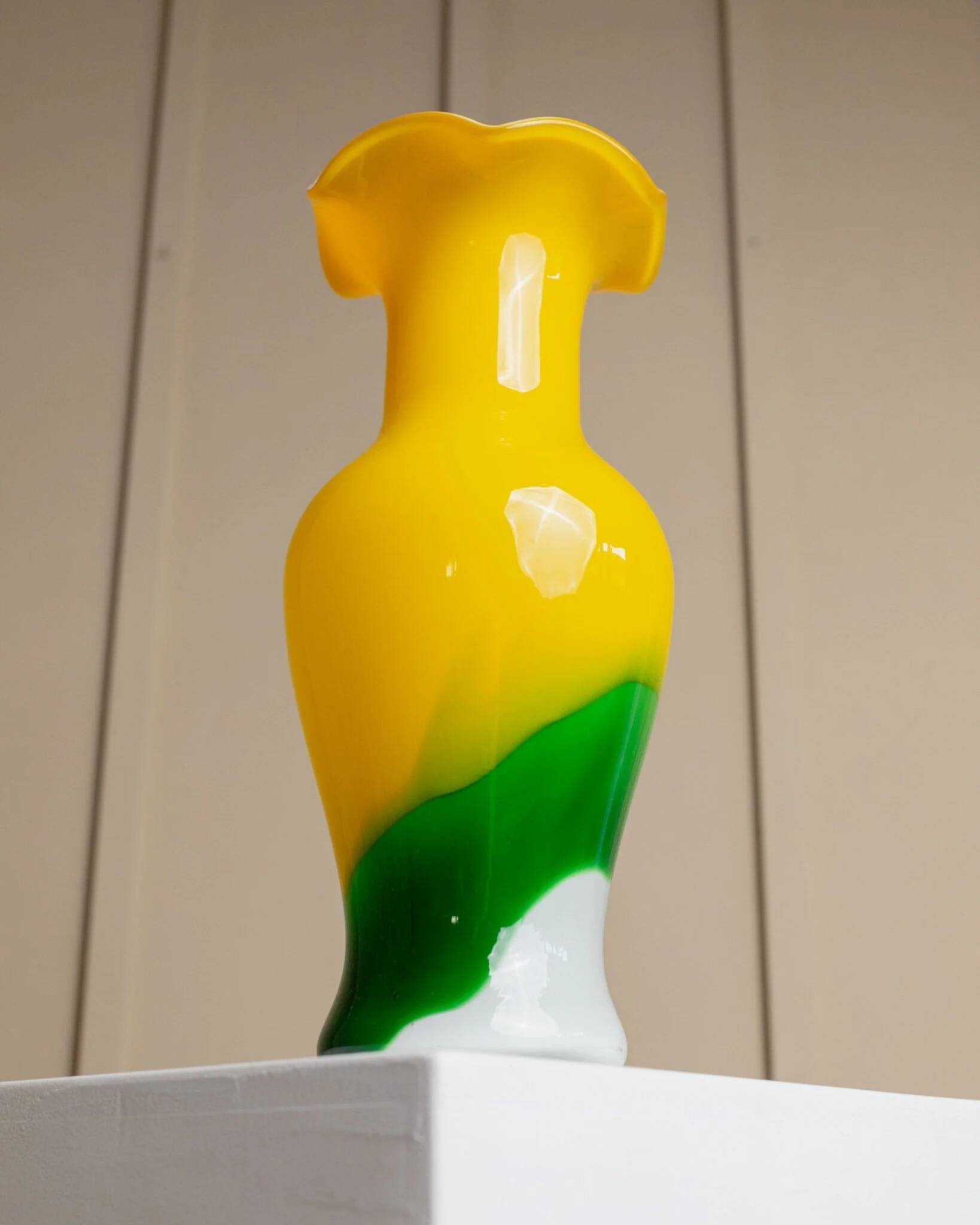 Vintage Murano Glass Fenton Vase in Multicolor Yellow, White & Green, Flashed Glass – Italy 1970s