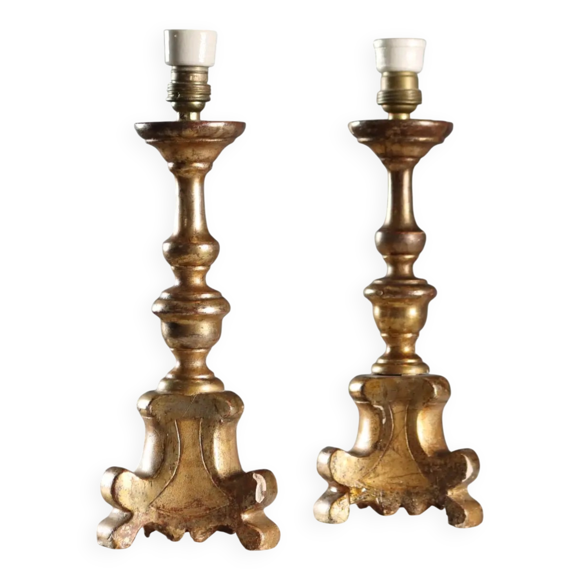 Pair of antique carved wooden candlesticks, Italy, 19th century