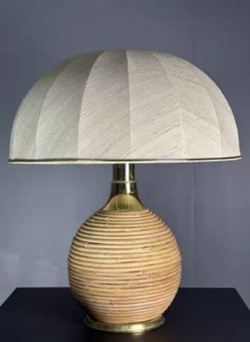 Large midcentury pencil reed rattan bamboo mushroom table lamp, 1970s