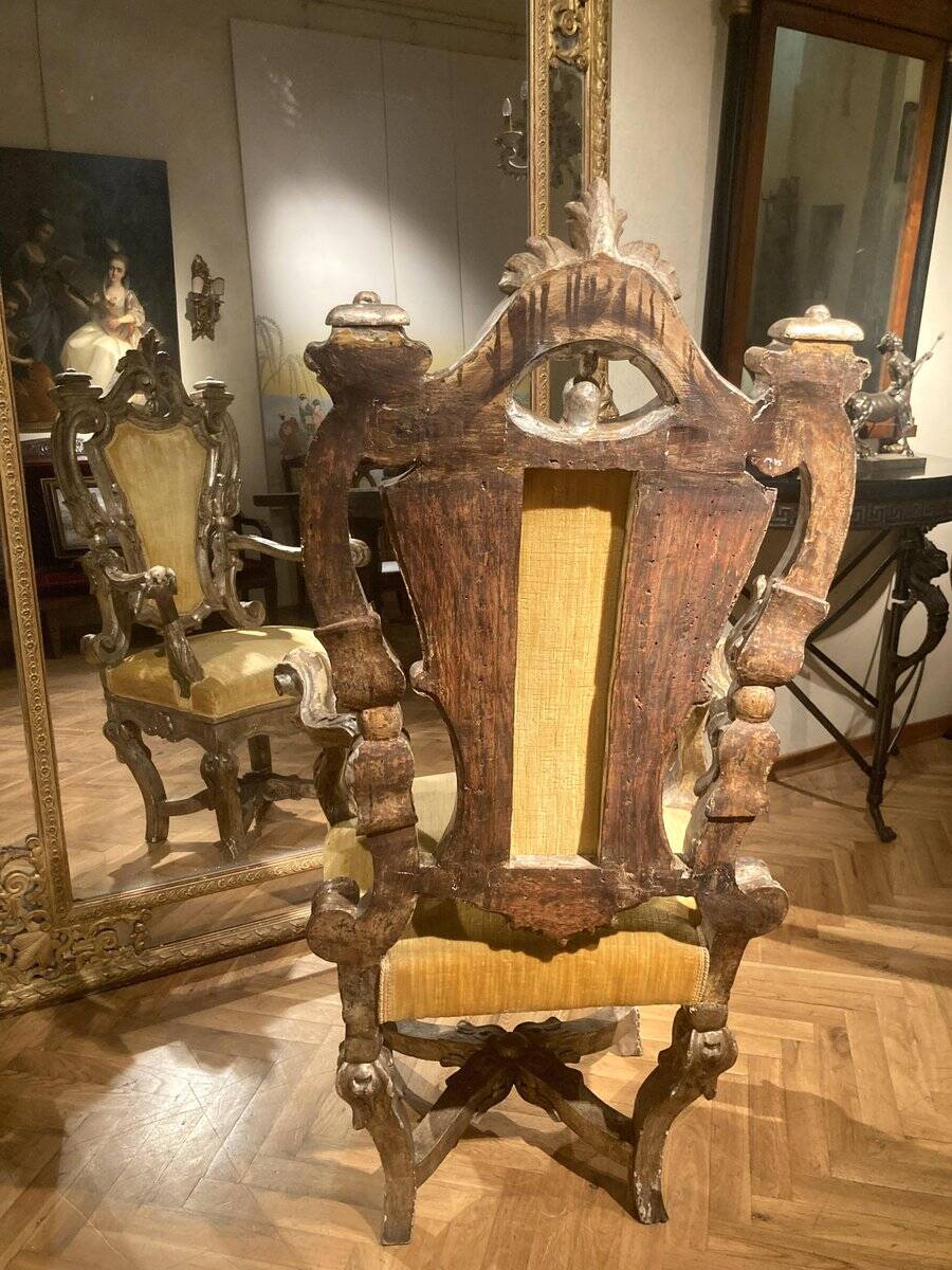 Italian Rococo Silver Mecca Giltwood Throne Armchair, Rome, 18th Century