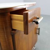 1940s night stand in walnut finish with glass top, Czechoslovakia