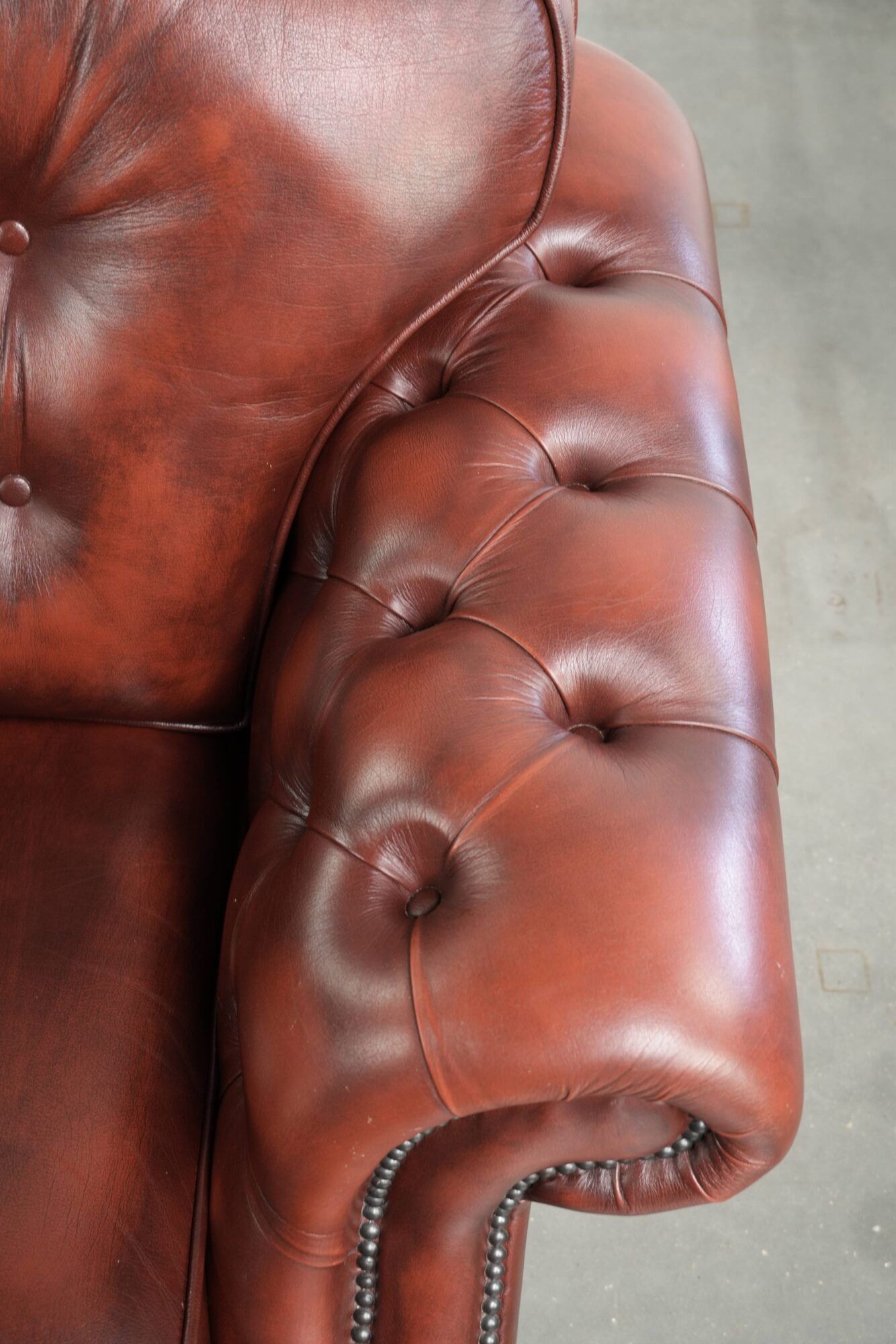 Cowhide chesterfield armchair in a warm brown colour with decorative nails