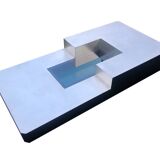Italian design coffee table in metal and wood with integrated bar, 1970s