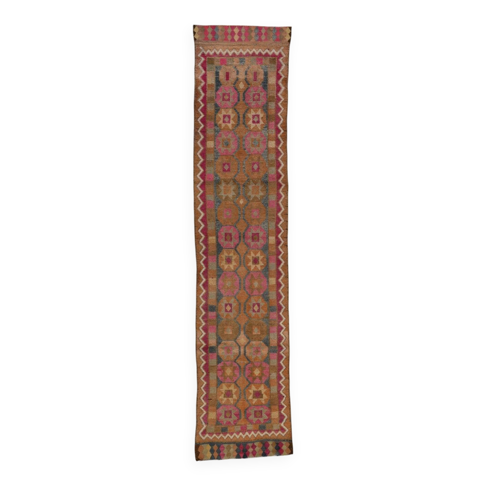 Pink Brown Modern Oushak Runner Rug, 75x352Cm