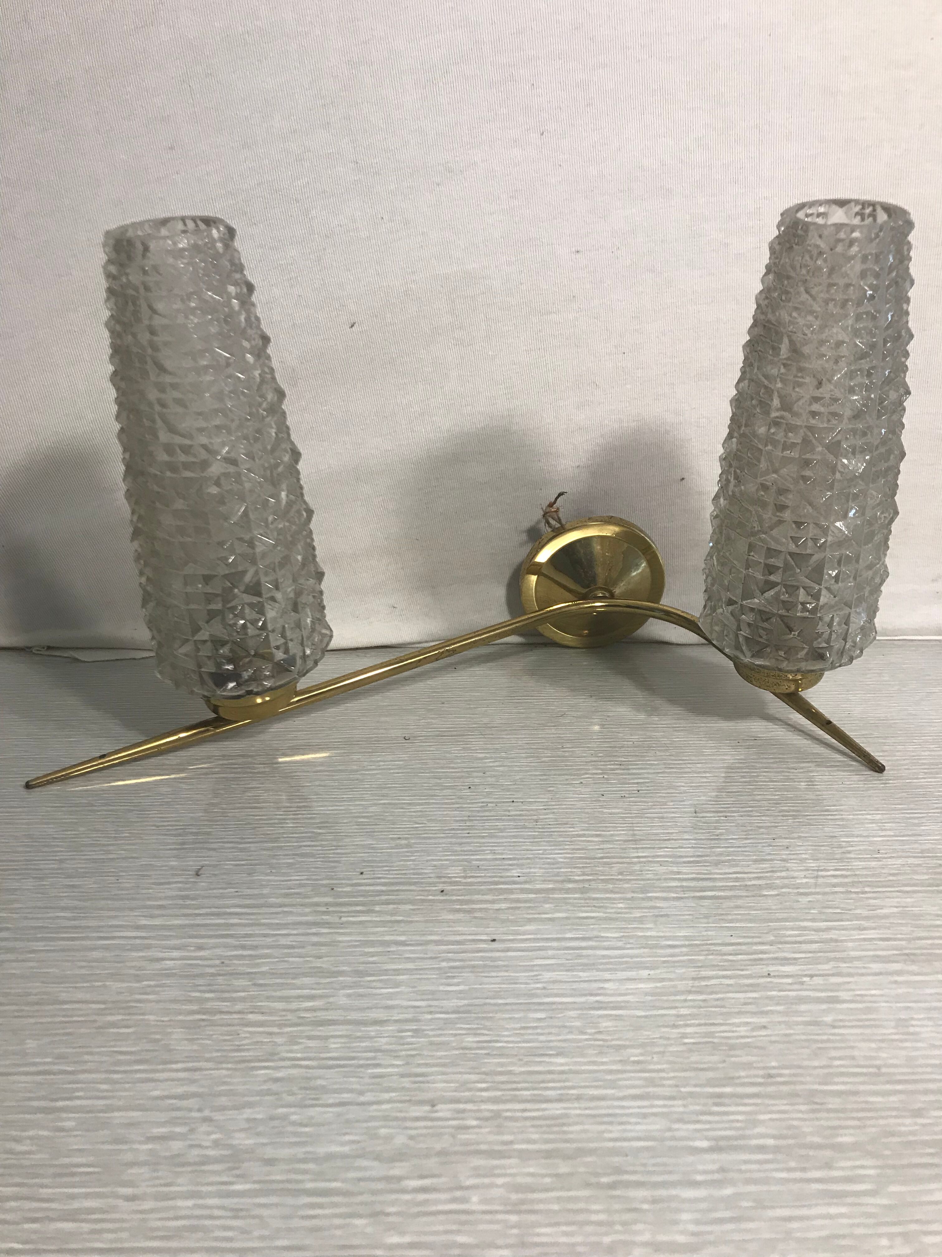 Double old glass wall light golden metal support vintage 70s