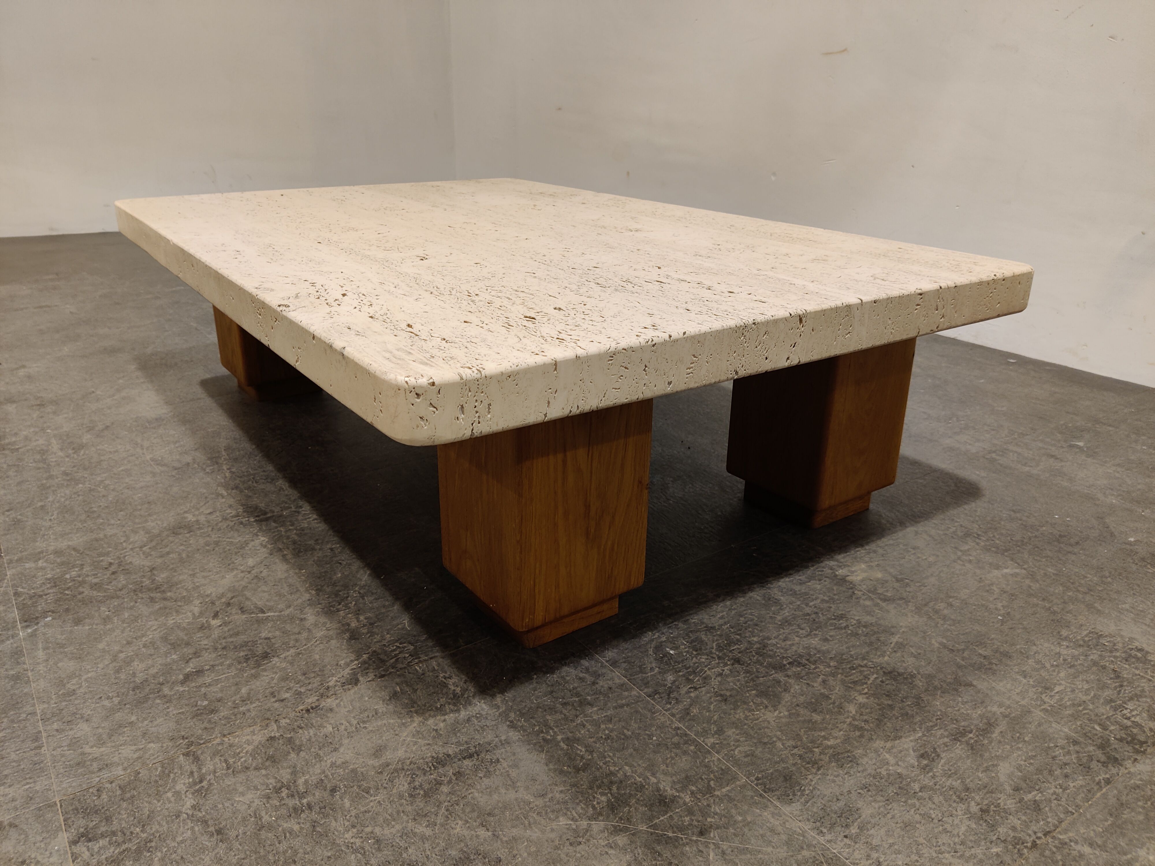 Vintage travertine and wooden coffee table, 1970s