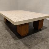 Vintage travertine and wooden coffee table, 1970s