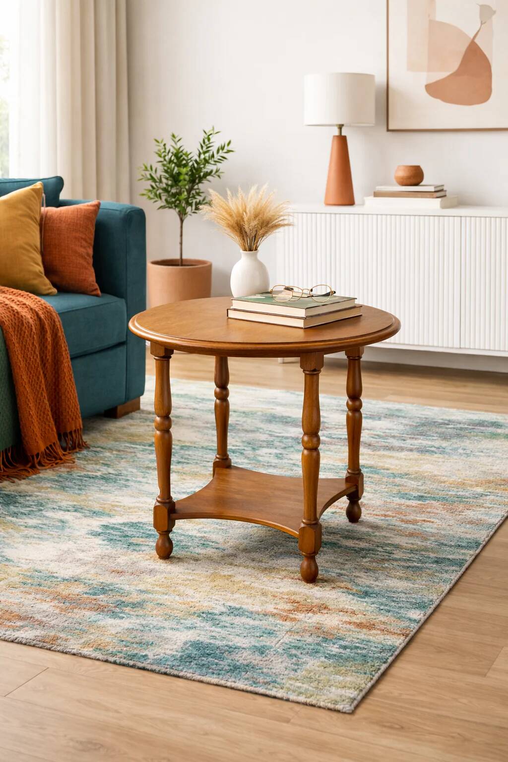 Ancient oak side table with spool legs
