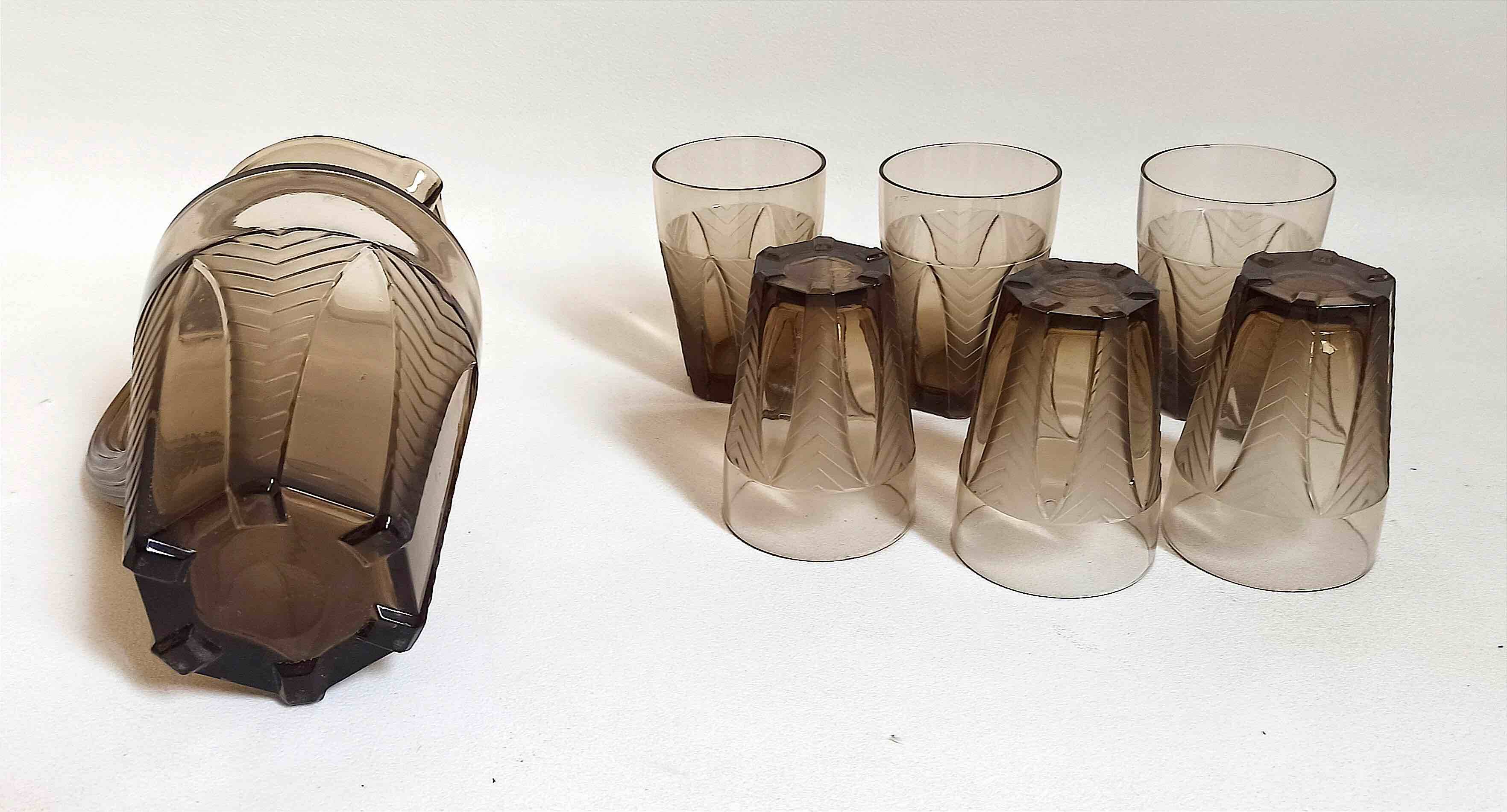 Orangeade or lemonade service Pitcher + 6 Art Deco glasses