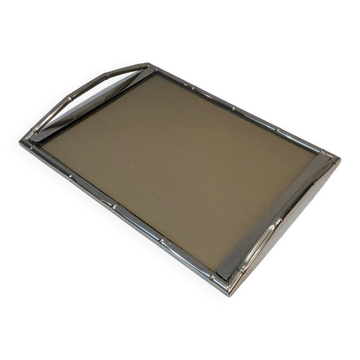 Plateau chromé façon faux-bamboo à plateau de verre fumé