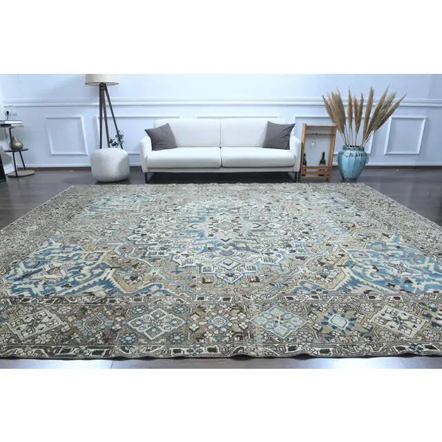1970s Vintage Persian Handmade Wool Cotton Light Brown Area Rug 295x380