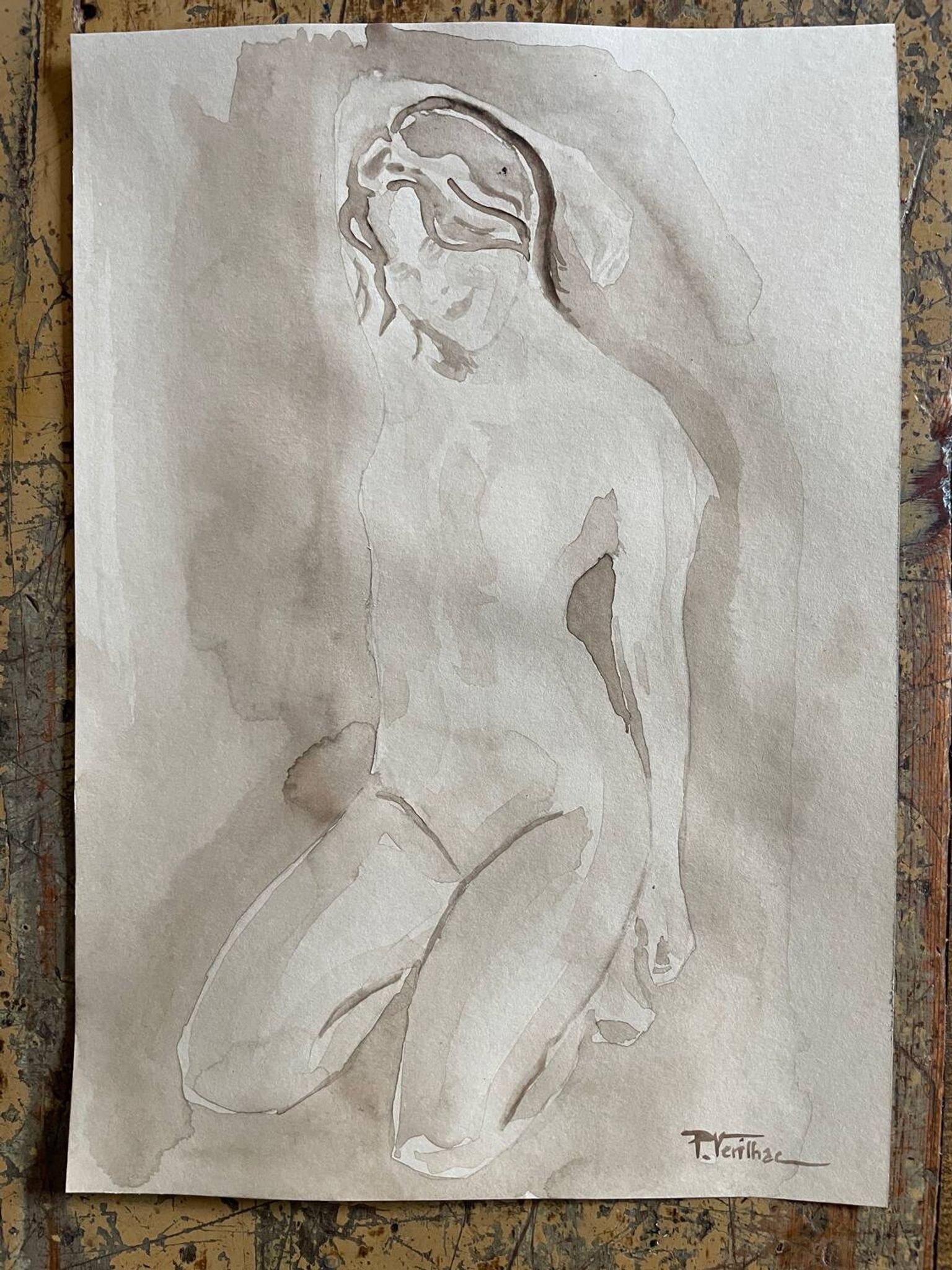 Signed watercolour monochrome painting of a female portrait "Hammam"